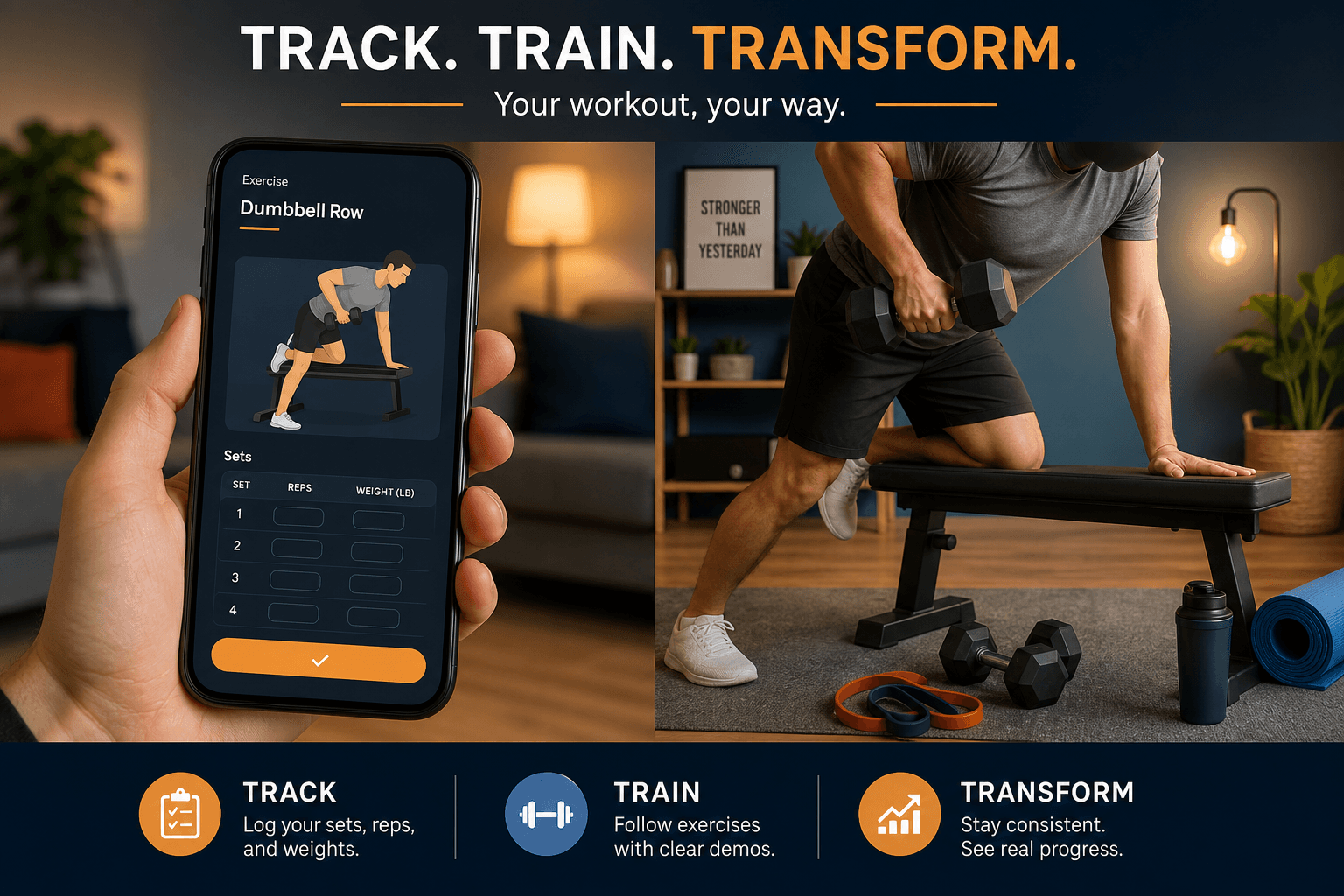 A smartphone showing a workout app interface held in a home gym setting with dumbbells and a yoga mat on the floor; a person performs a dumbbell row in the background.