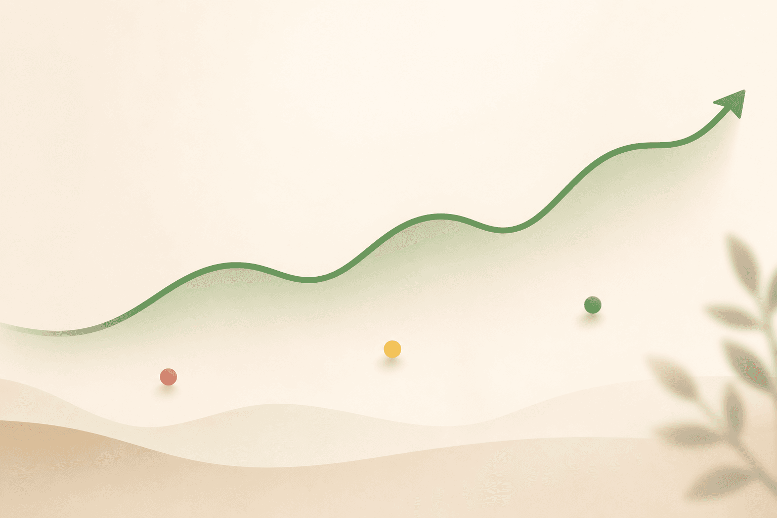 Abstract editorial visualization with a smooth green upward-trending wave representing long-term recovery data, with smaller red, yellow, and green data points in the foreground subordinated to the main trend line.