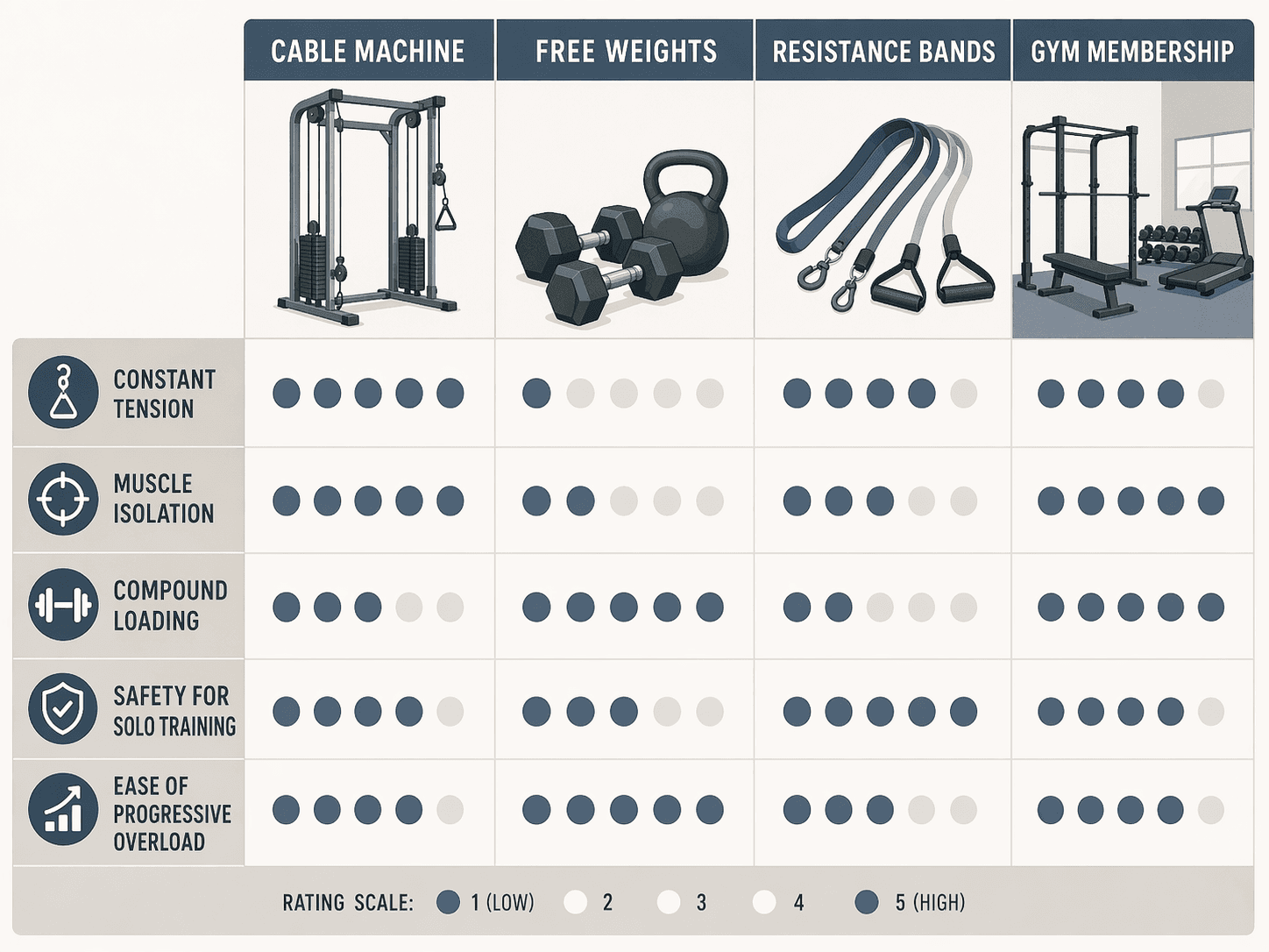 Comparison grid with four columns (cable machine, free weights, bands, gym membership) and five rows (constant tension, muscle isolation, compound loading, safety, progressive overload) using 1-5 dot ratings.