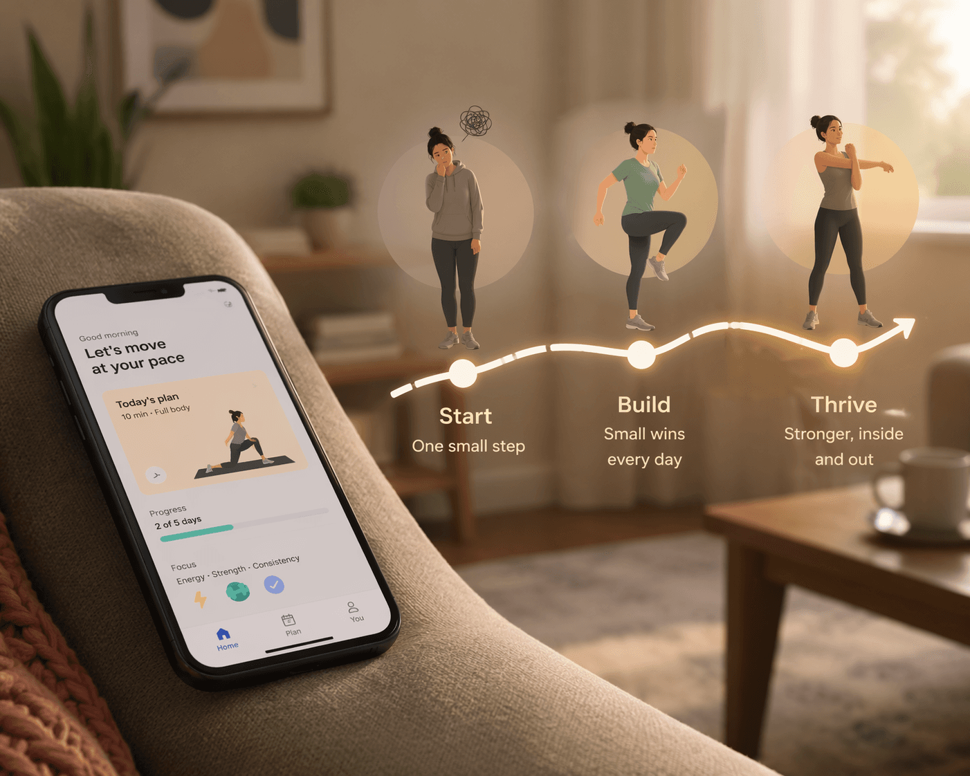 Smartphone showing a simple fitness app screen with a three-stage progression from hesitation to consistency