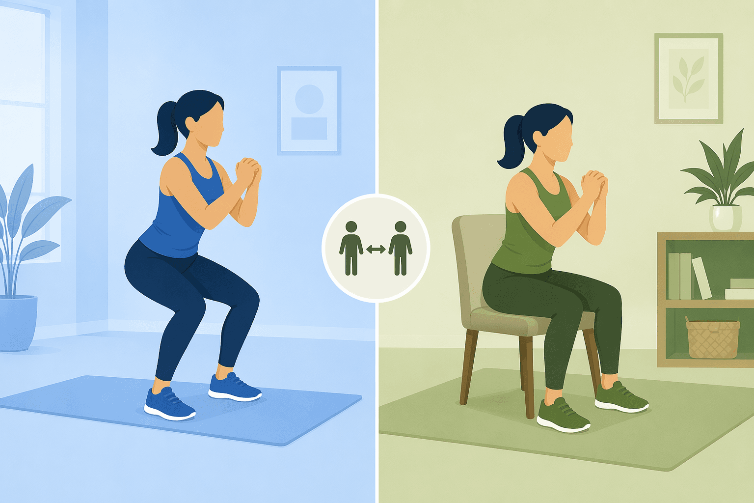A standing squat shown beside a seated low impact squat modification