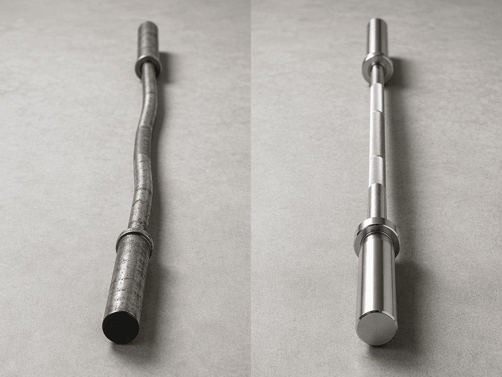 Side-by-side comparison of two barbells on a clean flat surface. Left: a damaged cheap barbell with a visible bend in the shaft, dull tarnished finish, and rusty spots. Right: a premium Olympic barbell with bright chrome finish, sharp knurling, and perfectly straight shaft. Studio lighting with subtle shadows.