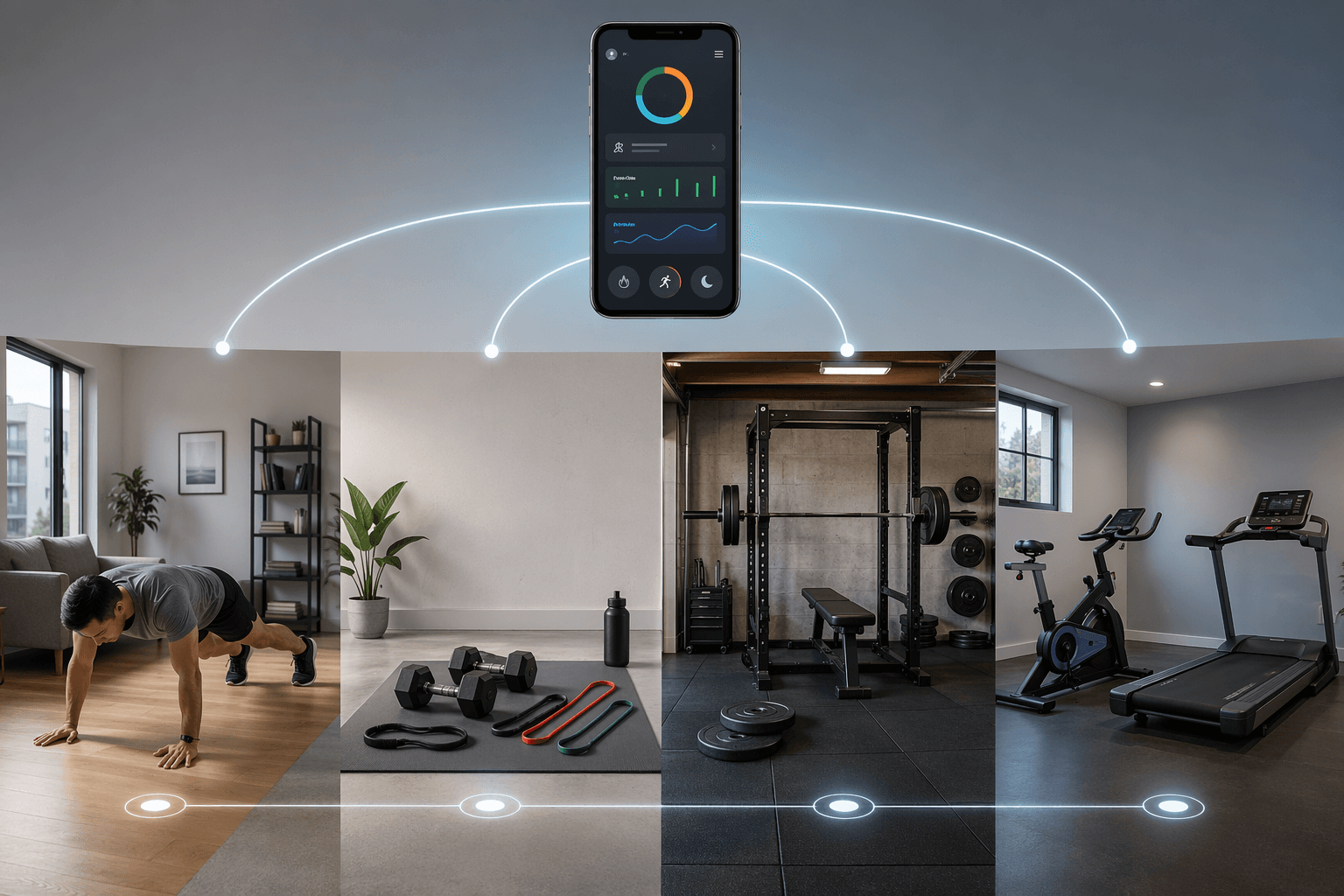Four home fitness equipment levels connected by a fitness app interface