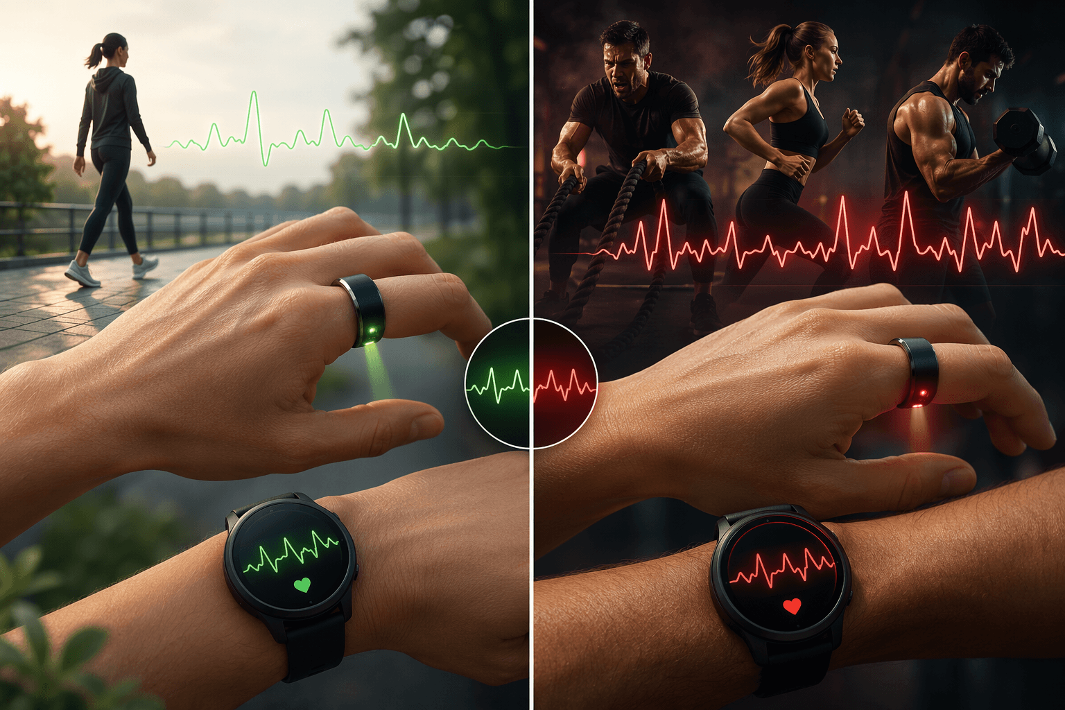 Illustration comparing smart ring and fitness watch heart-rate readings during easy cardio and high-intensity exercise