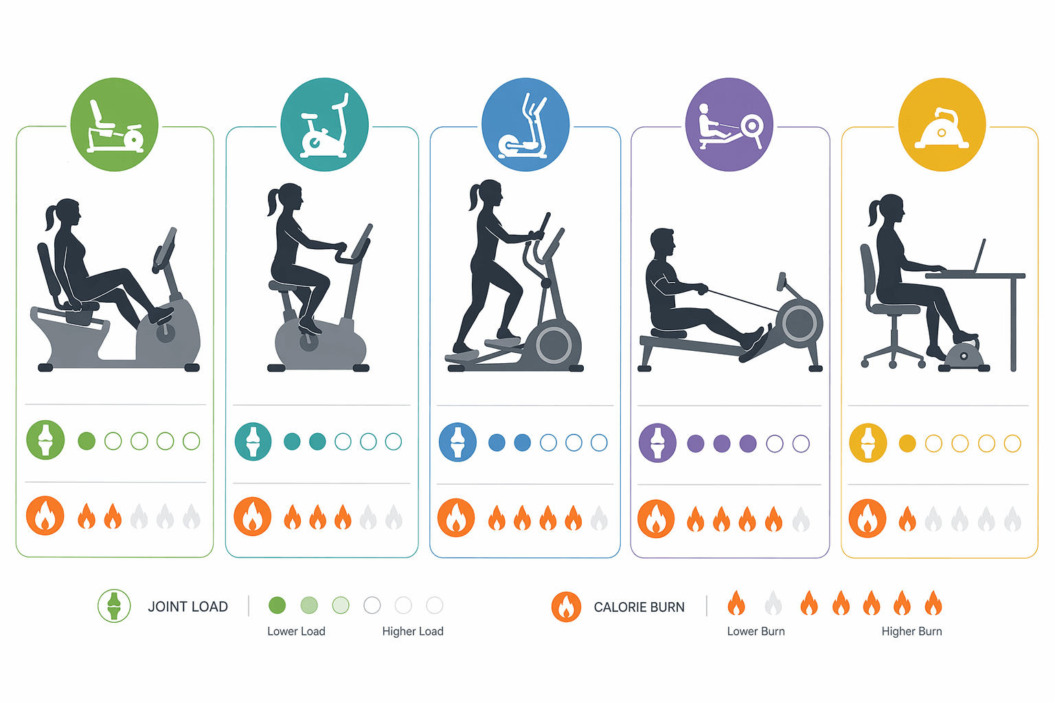 Horizontal comparison grid with five labeled cards showing flat silhouette icons of a recumbent bike, upright bike, elliptical, rowing machine, and under-desk pedal exerciser, each with green-dot joint-load scores and flame calorie-burn indicators.