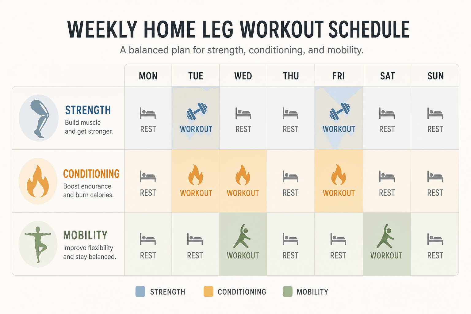 Flat-design weekly schedule grid showing three rows for strength, conditioning, and mobility goals with colored workout and rest day blocks across the week