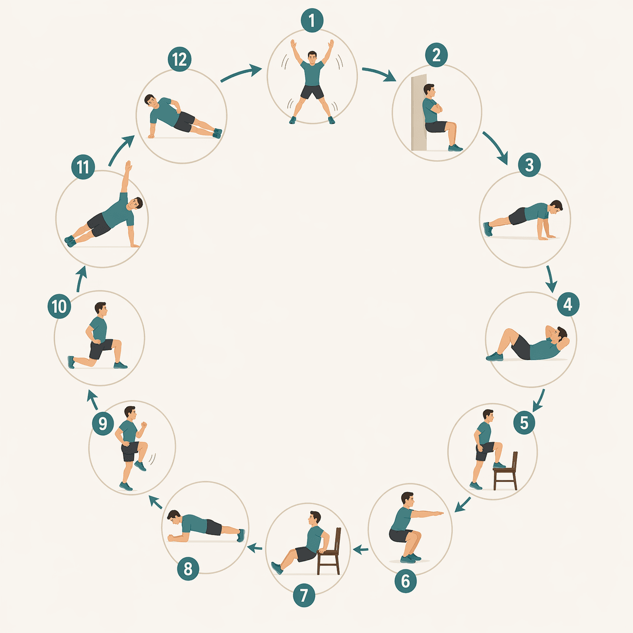 Circular flow chart with 12 numbered exercise stations arranged clockwise, each showing a simple icon of a bodyweight exercise including jumping jacks, wall sit, push-up, crunch, step-up, squat, triceps dip, plank, high knees, lunge, push-up with rotation, and side plank.