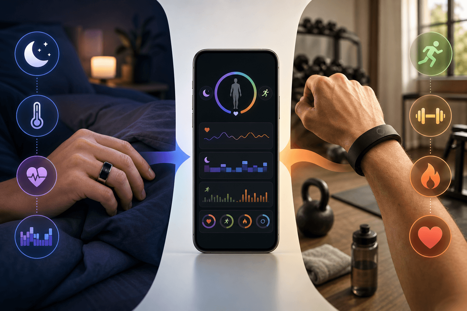 A clean editorial split-composition visual with a smart ring on a finger over a bed scene with sleep and recovery icons on the left, and a screenless fitness band on a wrist over a home gym scene with activity icons on the right, with a gradient arrow flowing toward a central smartphone showing consolidated health data from both devices.