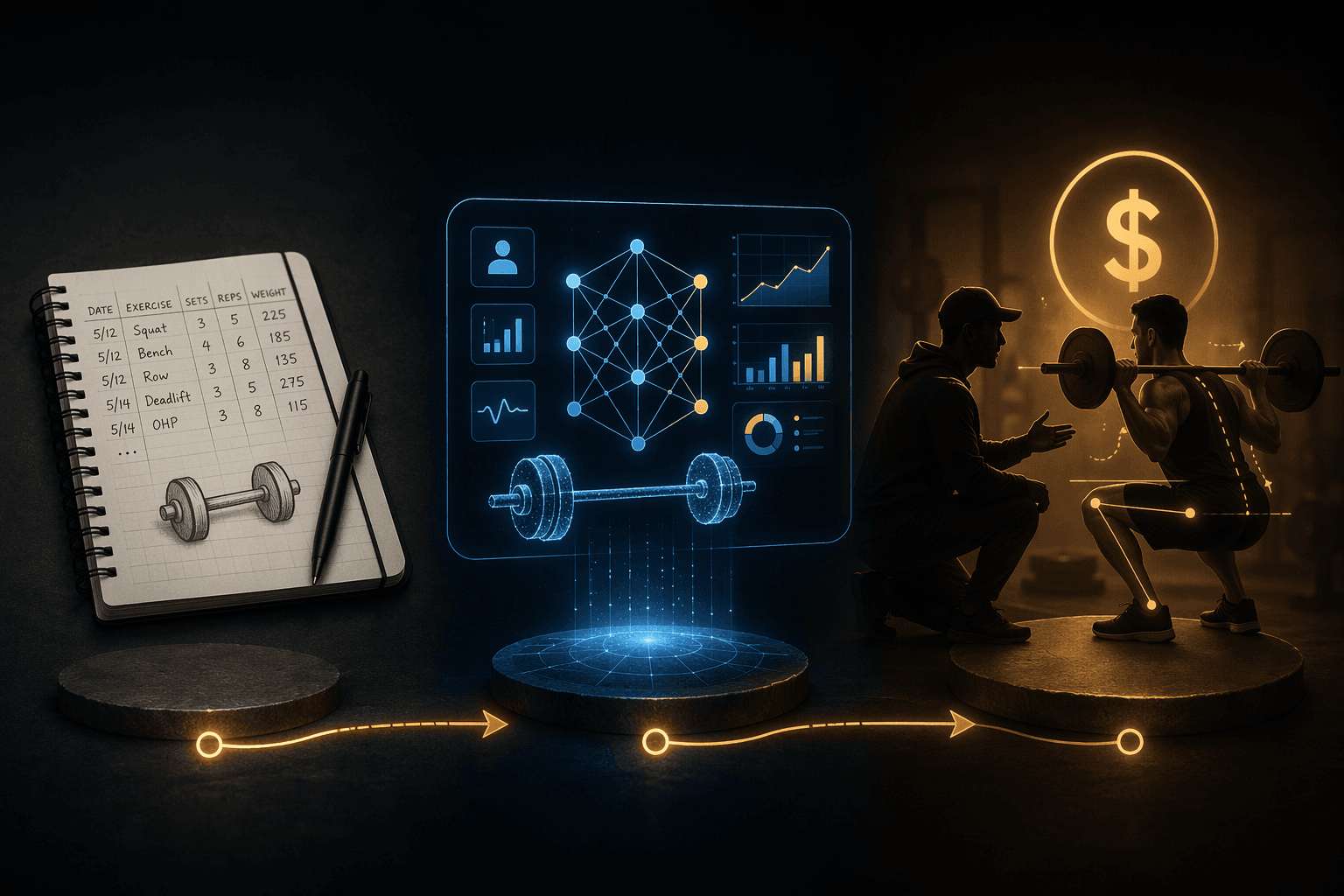 Three approaches to strength training apps: manual tracker, AI programmer, and human coach