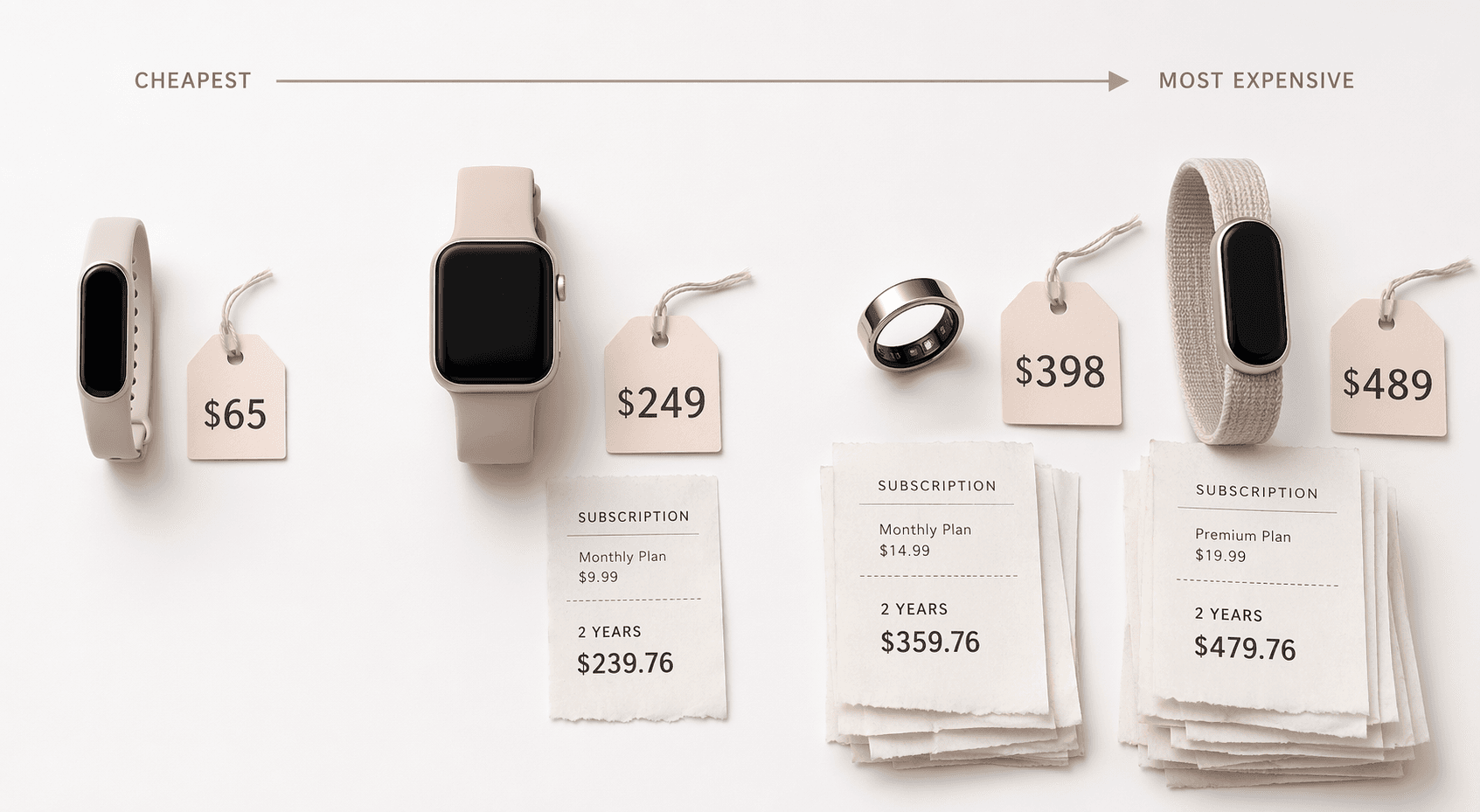 Flat-lay cost spectrum of fitness trackers with markers from about $65 to higher subscription-backed totals