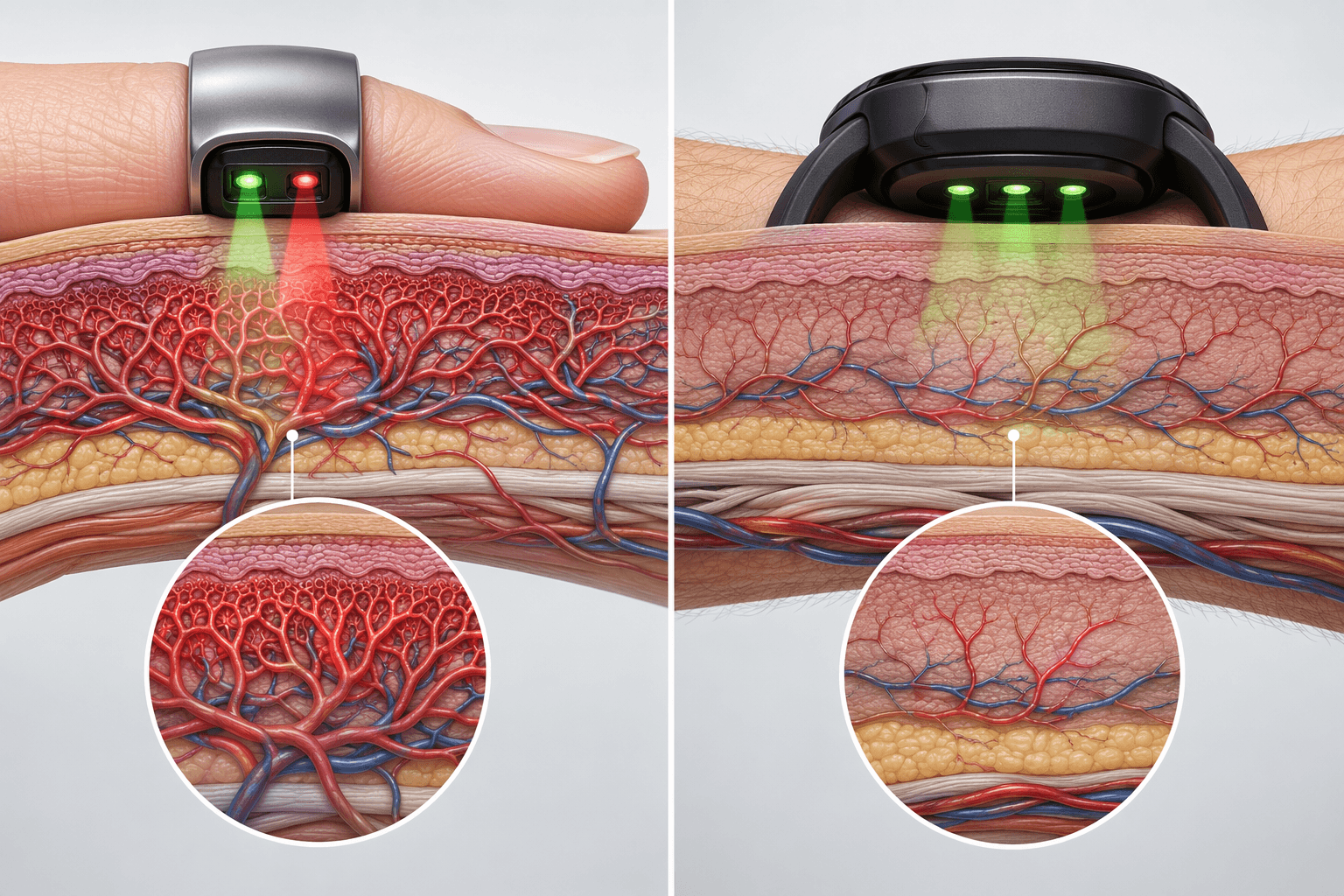 Cross-section comparison of finger and wrist anatomy for optical heart-rate sensing