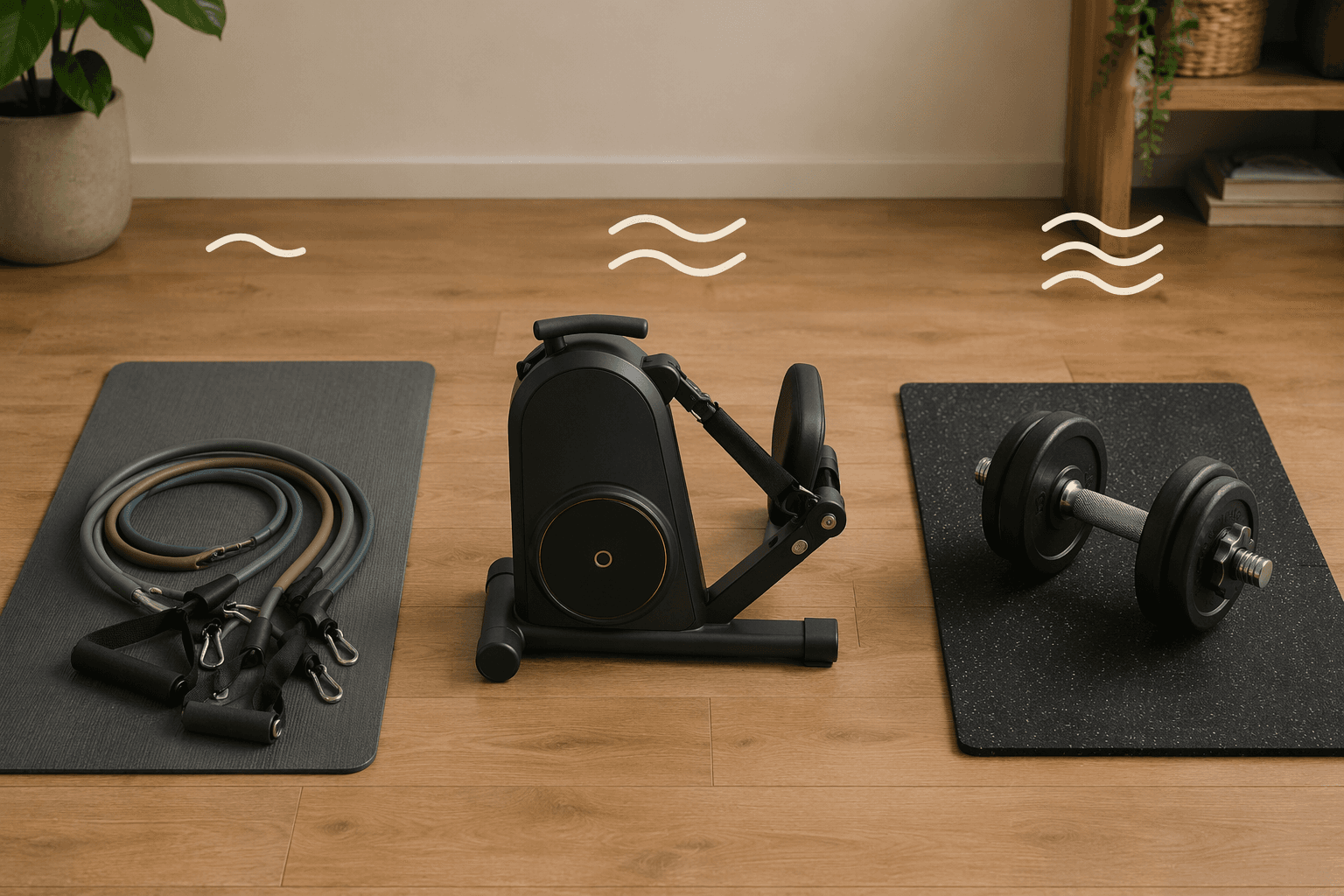 A flat-lay comparison on warm apartment wood flooring showing three equipment types with abstract noise-level indicators above each: resistance bands (one small sound wave), a compact digital resistance machine (two waves), and a plate-loaded dumbbell on a rubber mat (three waves).