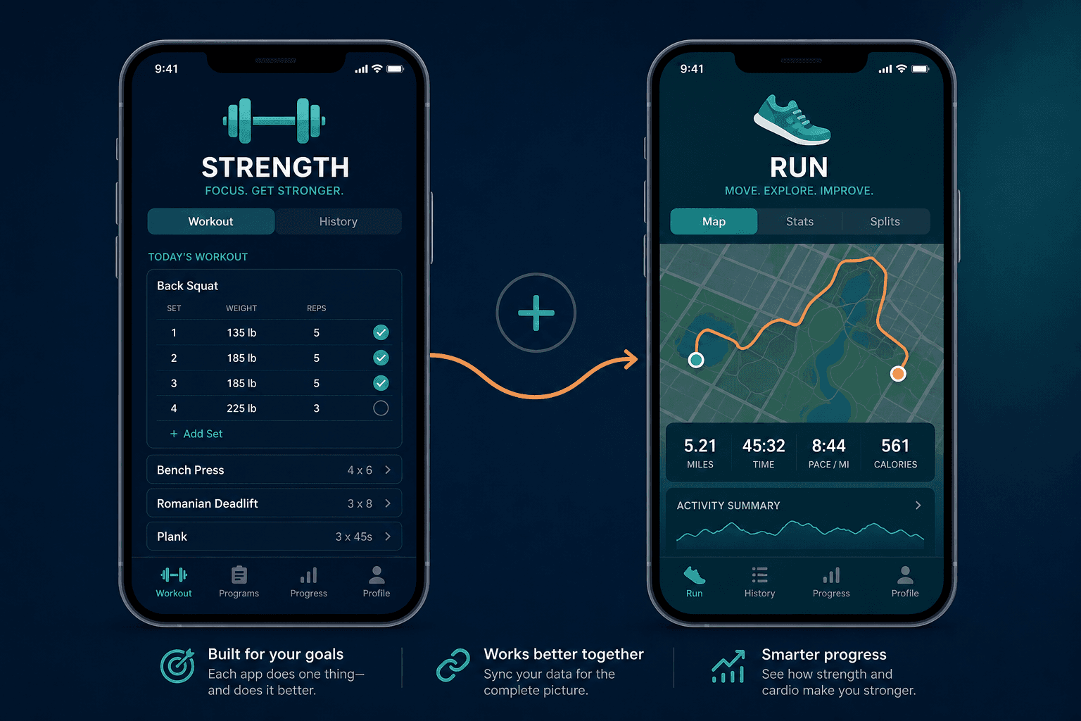 Two smartphones shown side by side with a curved arrow connecting them. The left phone shows a strength workout logging interface and the right phone shows a running route map.