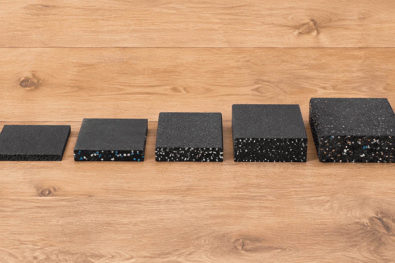 A flat lay of five home gym flooring cross-section slices arranged side by side: 6mm foam, 8mm rubber, 3/8 inch rubber, 1/2 inch rubber, and 3/4 inch stall mat, showing the progressive thickness differences.