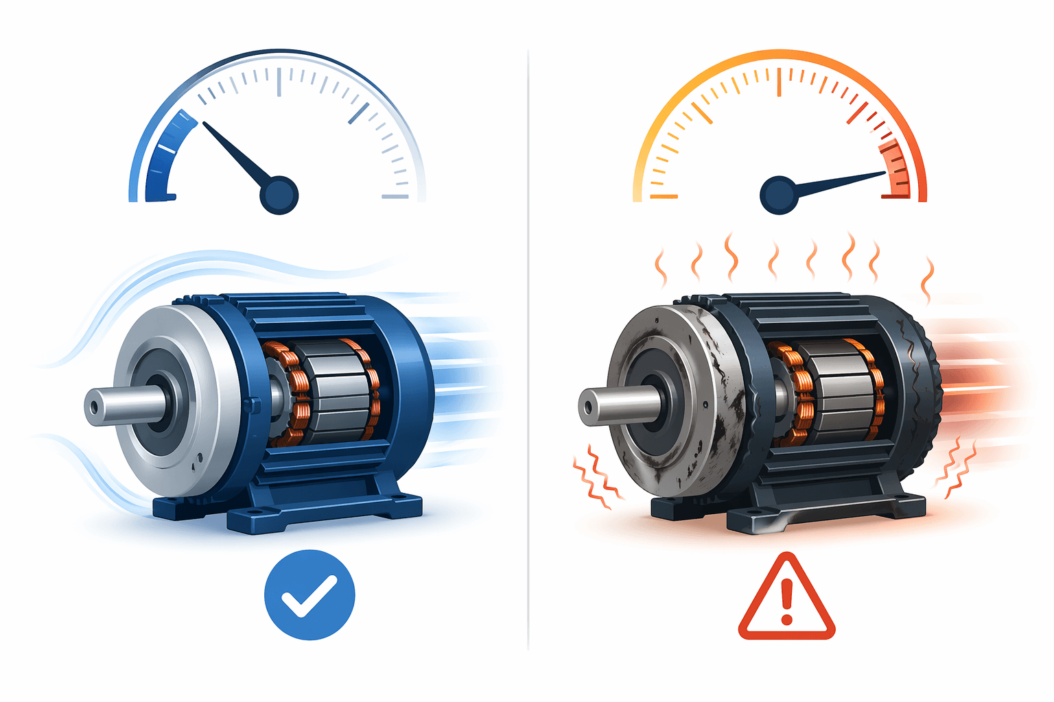 Side-by-side treadmill motor illustration comparing smoother under 4,000 RPM operation with hotter over 5,000 RPM operation