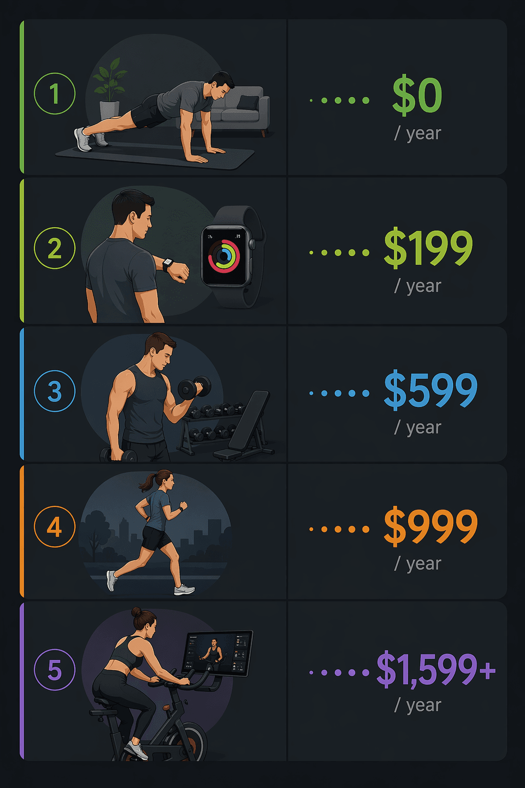 five iPhone fitness app user scenarios with yearly cost indicators