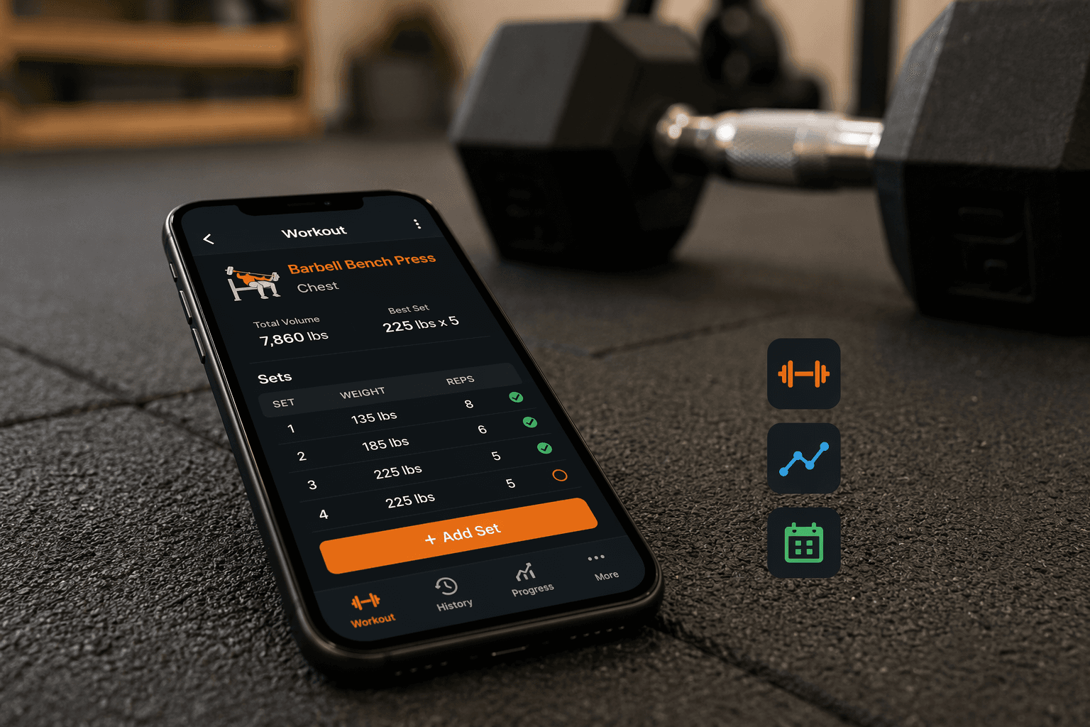 A smartphone on a rubber home gym mat displays a workout tracking app interface with weight, sets, and reps data. A dumbbell rests softly out of focus in the background. Three small app icons float subtly nearby.