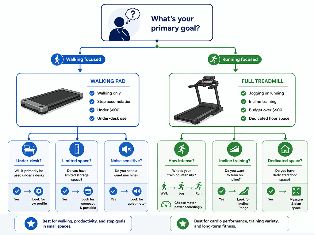 A flat vector decision tree illustration starting with a thinking-person icon at top, branching left to a slim walking pad with labels for walking-only and under-$600 use, and branching right to a full treadmill with labels for running and over-$600 use, with further sub-branches below.