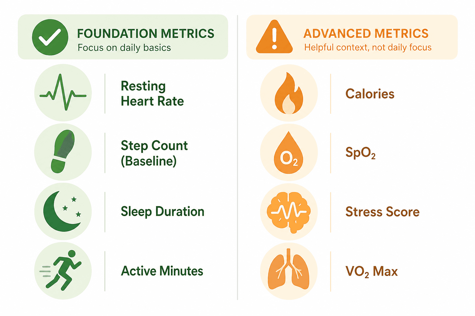 Two-column illustration separating actionable beginner metrics in green from skepticism-worthy metrics in amber