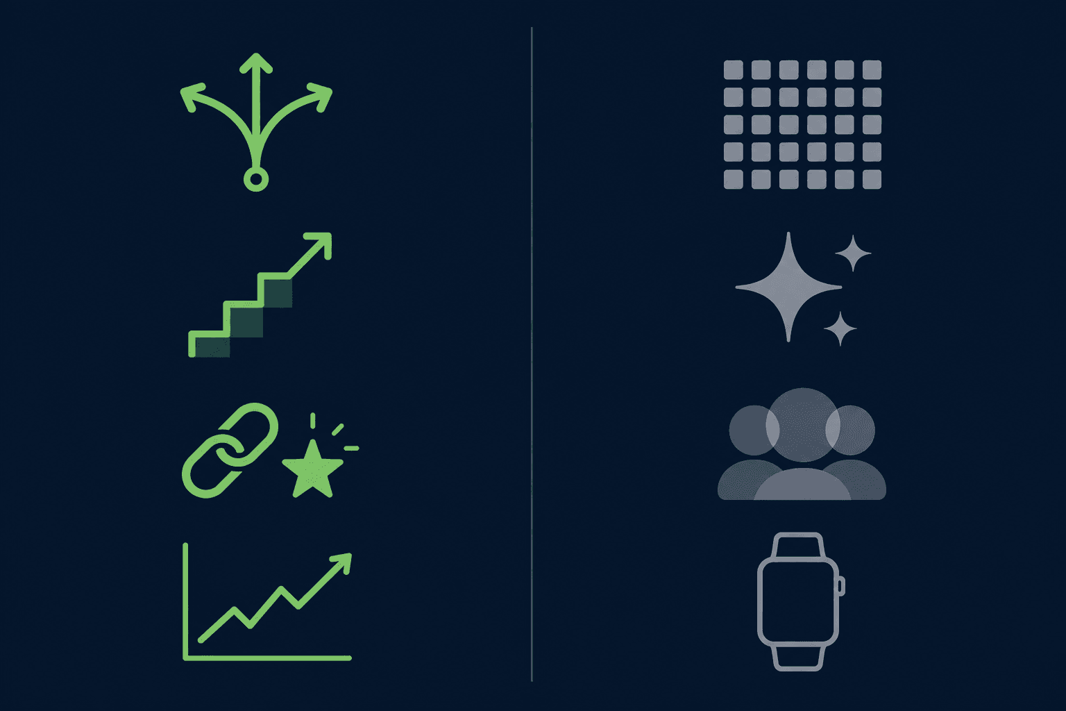 Split editorial infographic on a dark navy background: left column in green shows four icons representing adaptive programming, structured progression, engagement mechanics, and progress tracking; right column in muted grey shows four icons representing a massive exercise library, flashy UI, social feeds, and wearable integration alone.