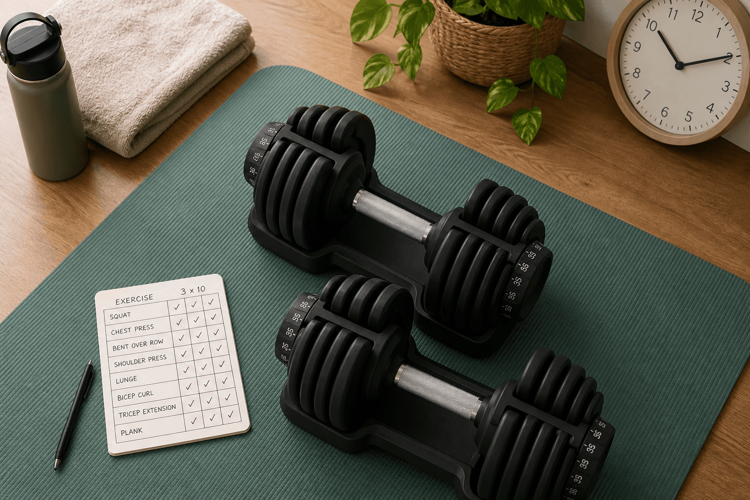 Top-down flat lay of a pair of adjustable dumbbells on a teal mat, with a notebook showing a workout grid, water bottle, and towel.