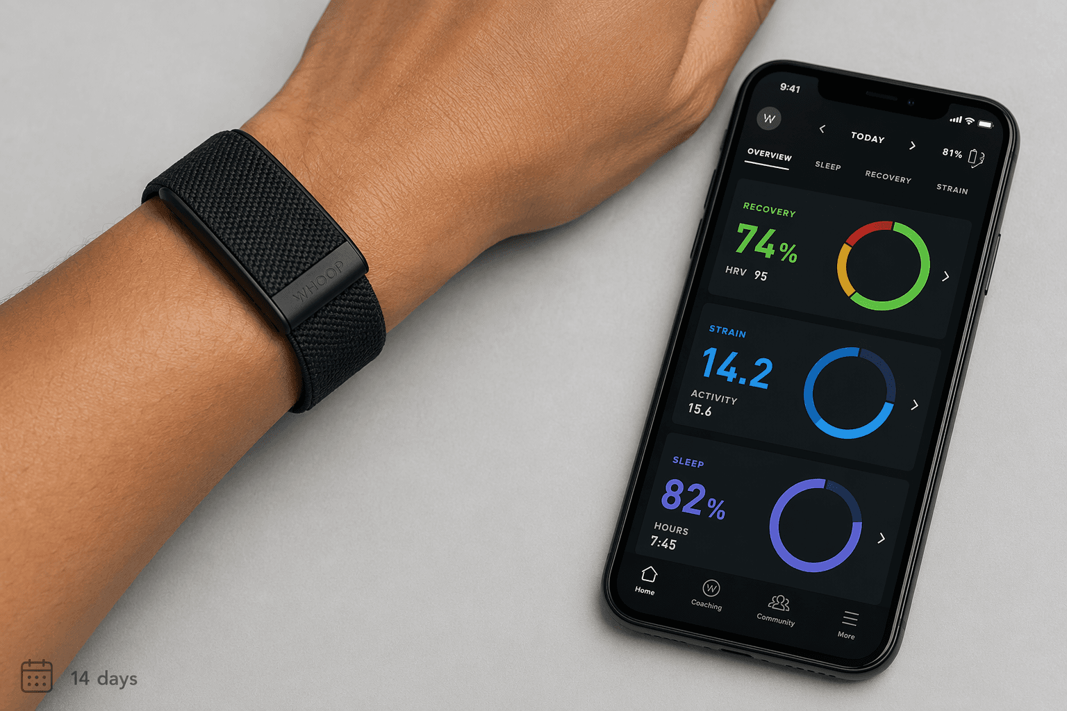 Flat-lay composition showing a Whoop 5.0 band on a wrist alongside a smartphone displaying a fitness app dashboard with three colored recovery rings, strain score, and sleep performance data; a subtle '14 days' calendar icon is placed near the wrist.