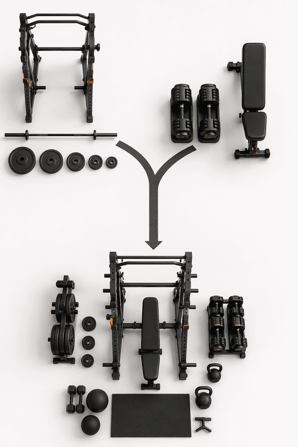 Decision branch showing a rack-and-barbell path on one side and a dumbbell-first path on the other, converging into a fuller home gym layout.