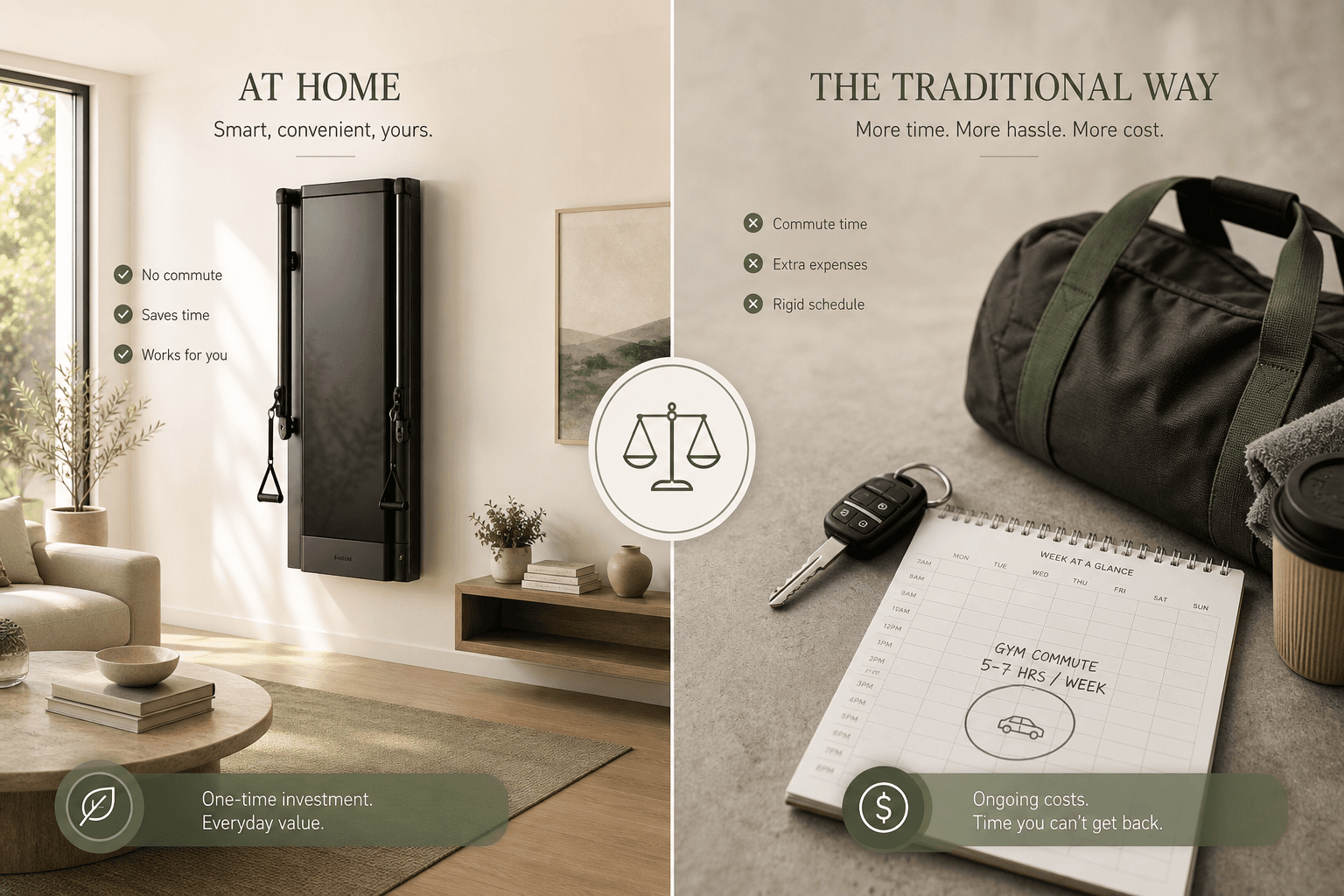 A split comparison visual showing a wall-mounted smart gym in a clean home living room on the left side, and a car key, gym bag, and calendar representing gym commute costs on the right side, with a subtle comparison symbol between them in warm neutral tones.