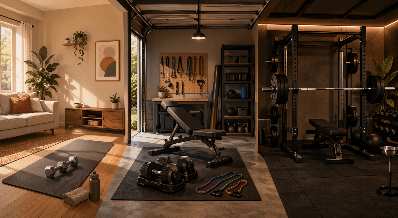 Three home training setups from living room dumbbells to garage bench setup to barbell rack
