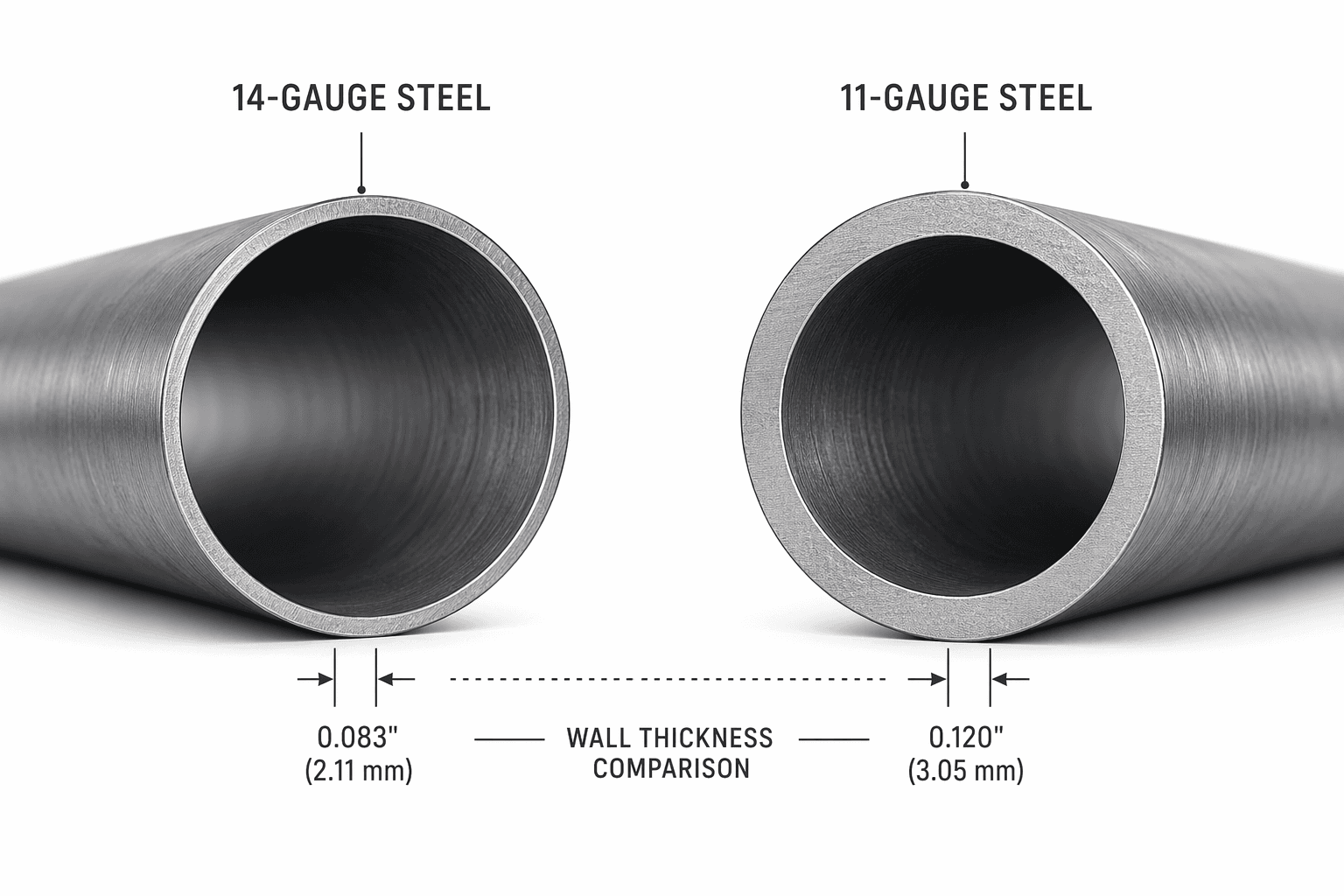 An editorial diagram showing two steel tube cross-sections side by side on a white background: a thinner 14-gauge steel tube on the left and a visibly thicker 11-gauge steel tube on the right, both rendered with brushed metal texture, with dimension callout lines indicating the wall thickness difference
