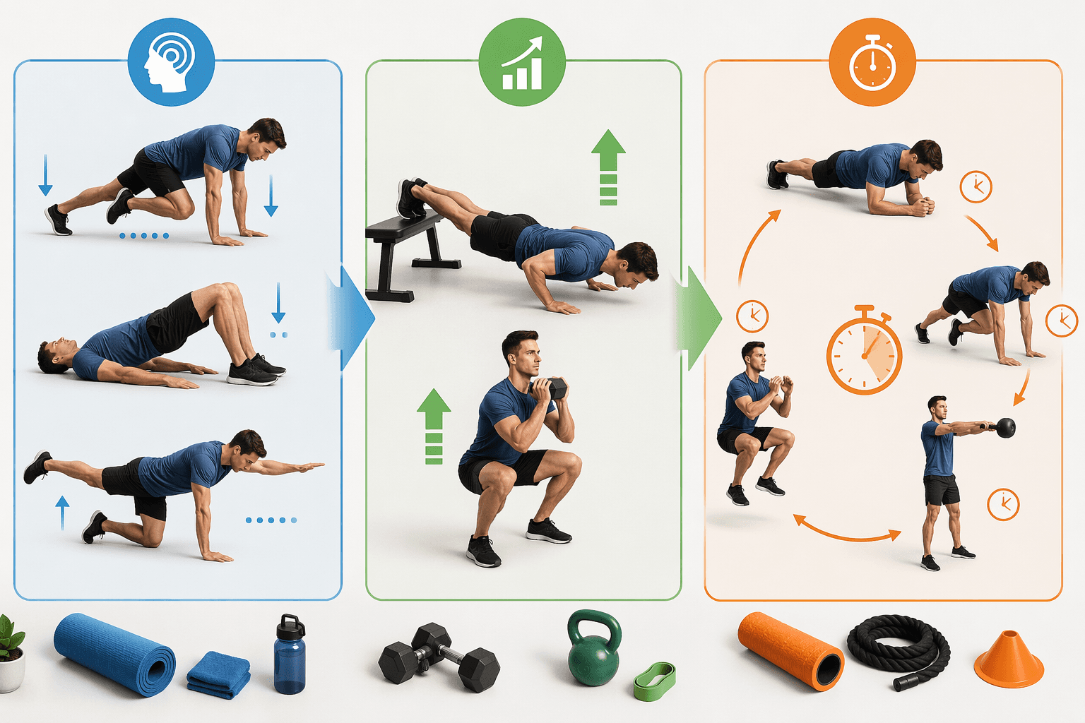 Three color-coded bodyweight program phases showing controlled movement, harder loading, and circuit conditioning