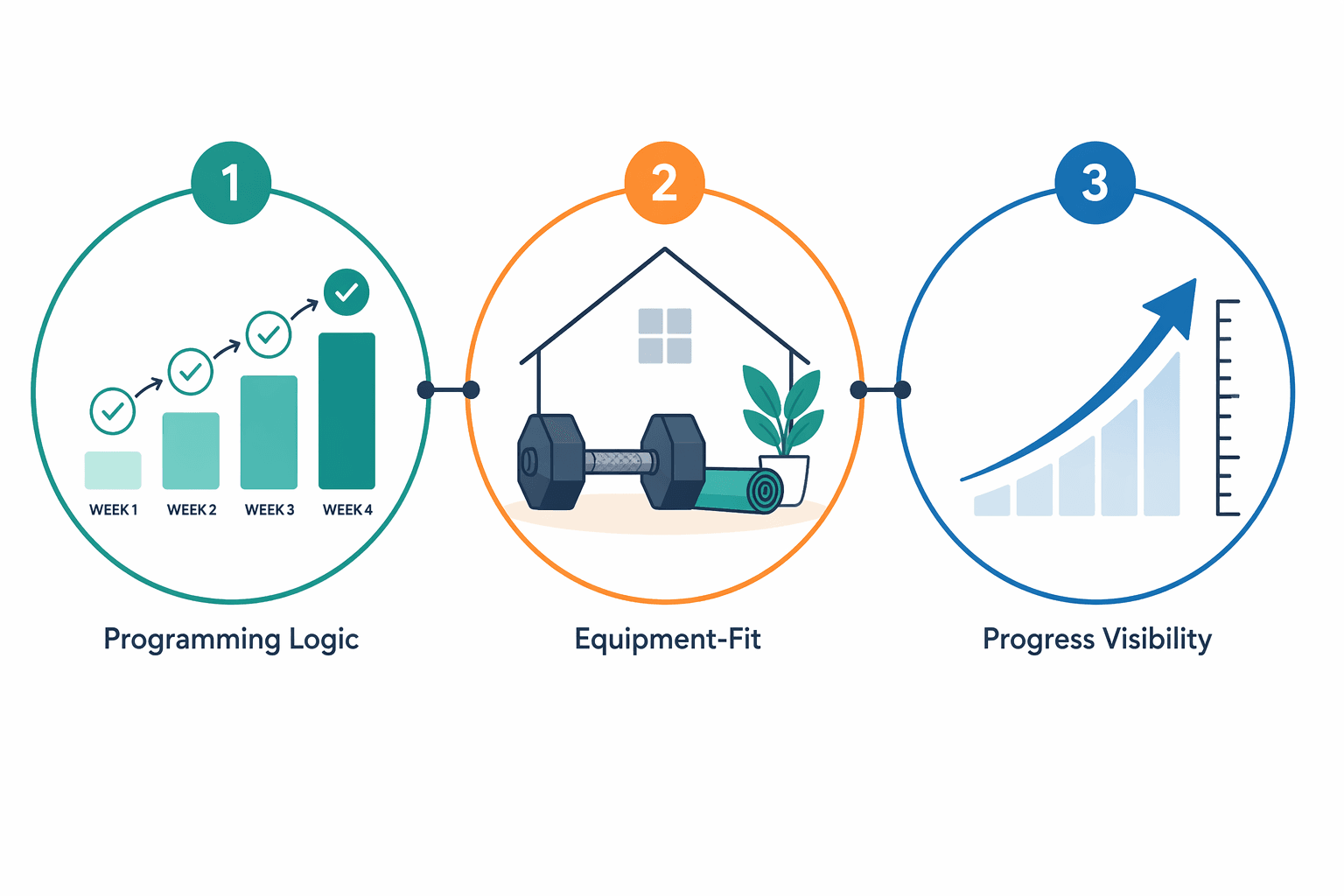 Three fitness app evaluation filters: programming logic, equipment-fit, and progress visibility