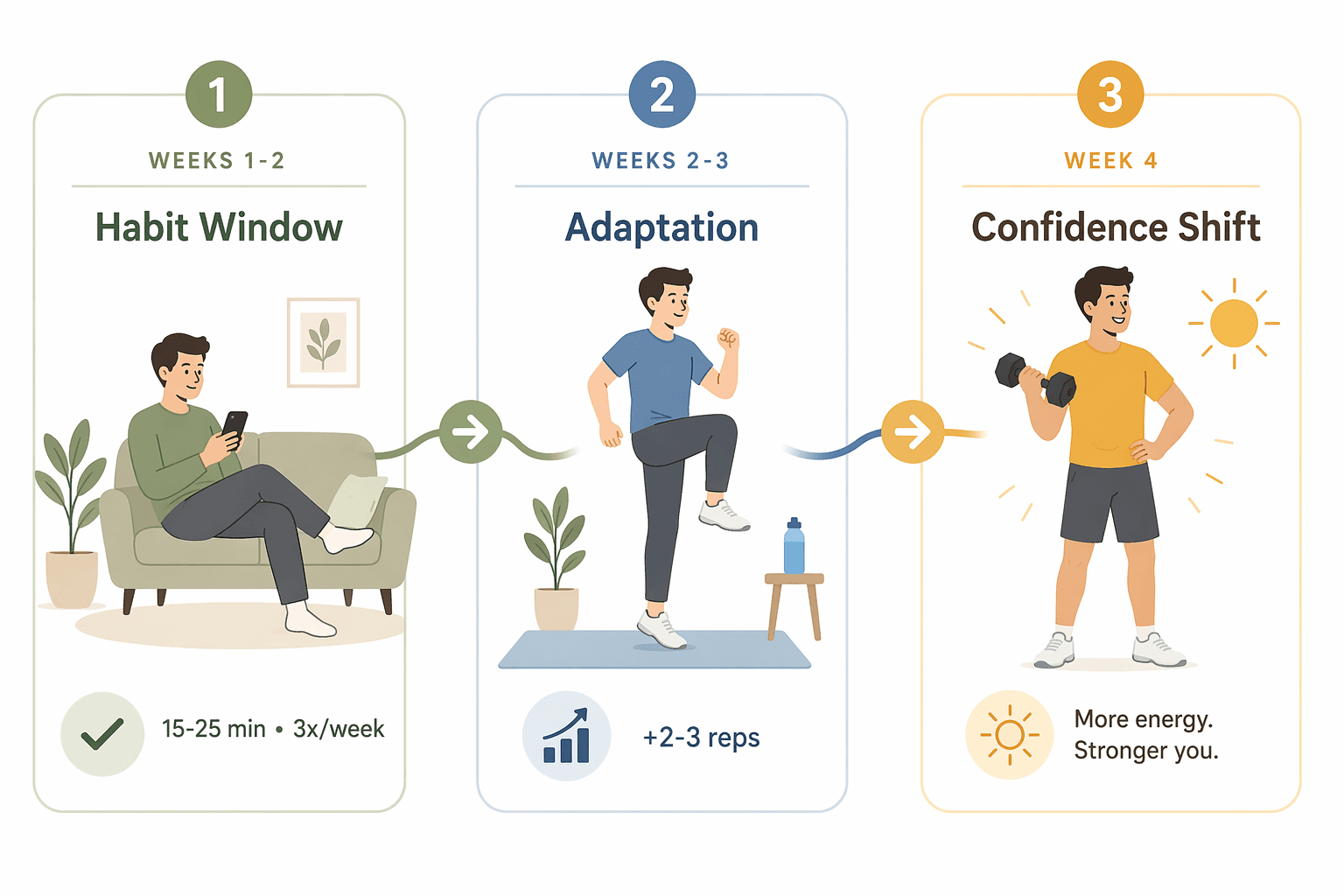 Three-phase beginner workout app roadmap showing habit window, adaptation, and confidence shift