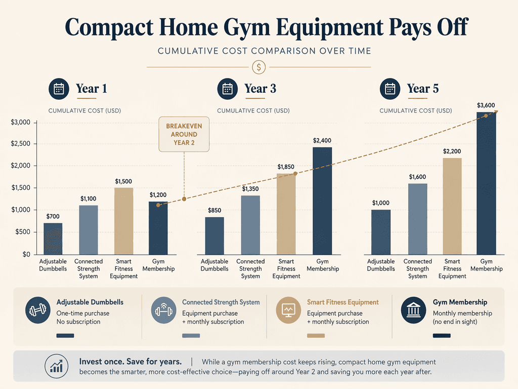 Stacked bar chart comparing cumulative costs of compact home gym categories against a gym membership benchmark at Year 1, Year 3, and Year 5.
