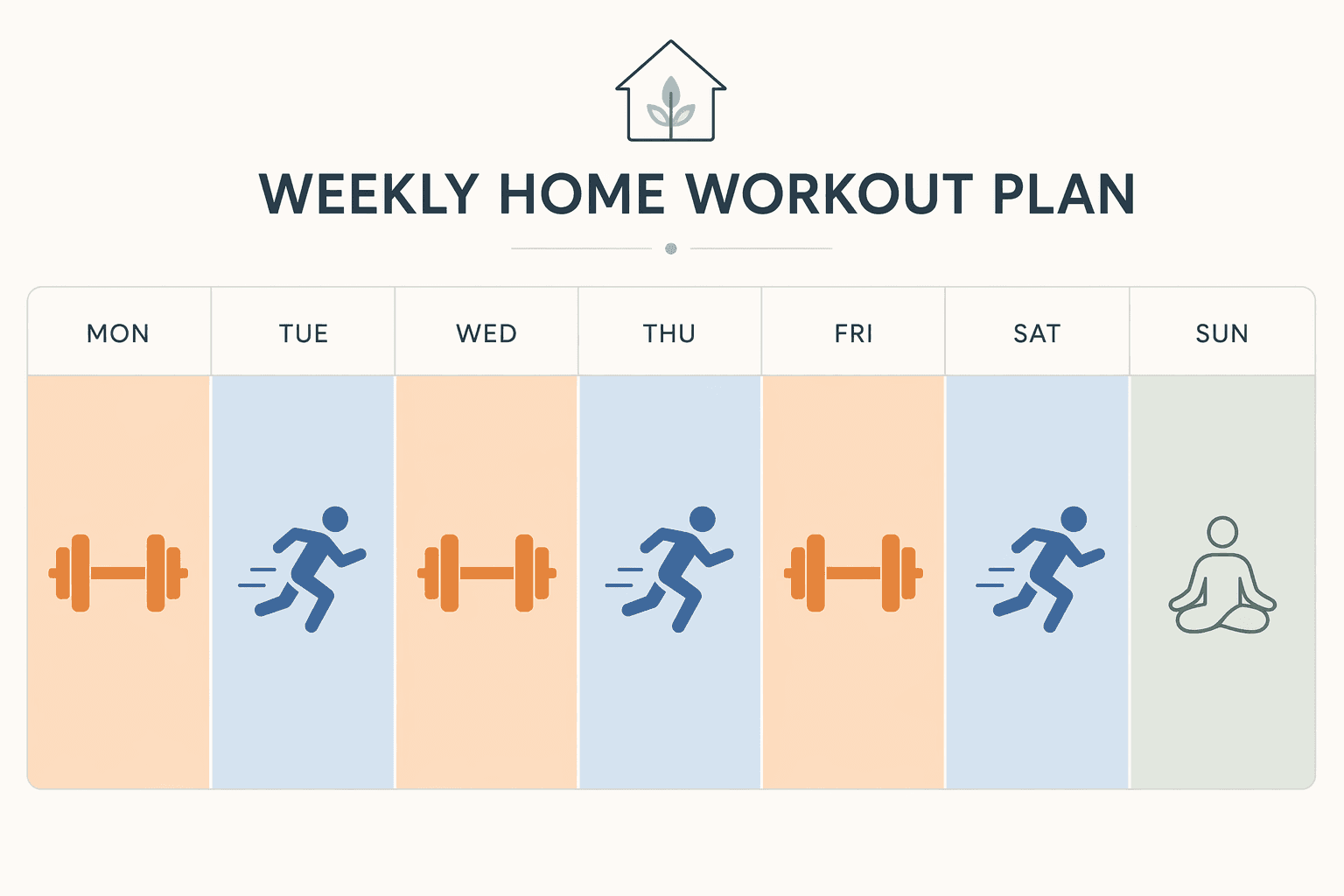 Weekly schedule grid alternating cardio and strength workout days with Sunday as rest