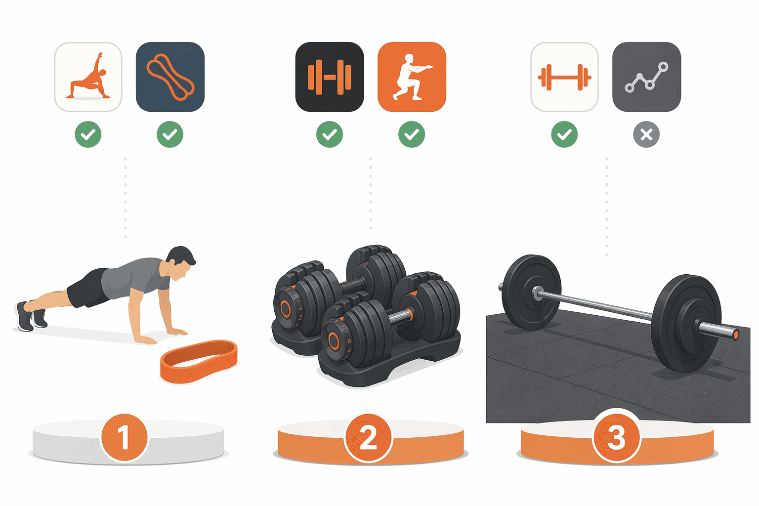 Infographic showing bodyweight and bands, adjustable dumbbells, and a minimal barbell setup as three home-gym equipment tiers