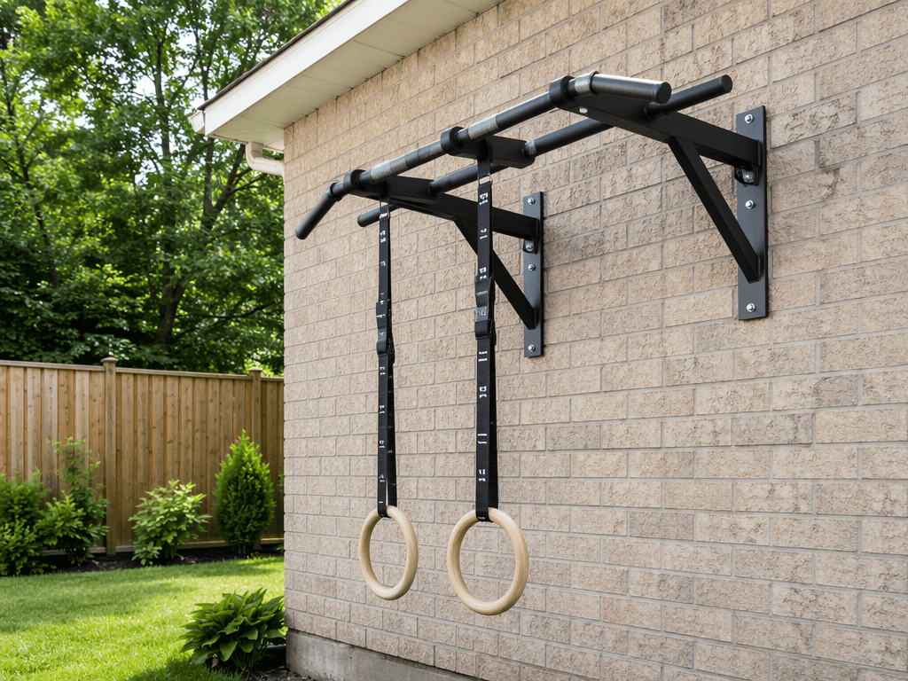 A wall-mounted steel pull-up bar installed on an exterior brick wall in a small backyard, with wooden gymnastic rings hanging from adjustable straps beneath it, a patch of grass and wooden fence visible, bright daylight.