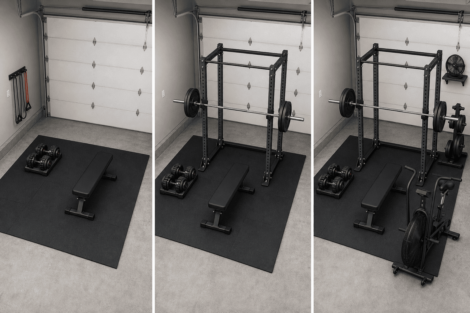 Three side-by-side floor plan panels showing the phased garage gym build from Phase 1 (bench and dumbbells) through Phase 2 (rack and barbell) to Phase 3 (air bike, storage, and fan)