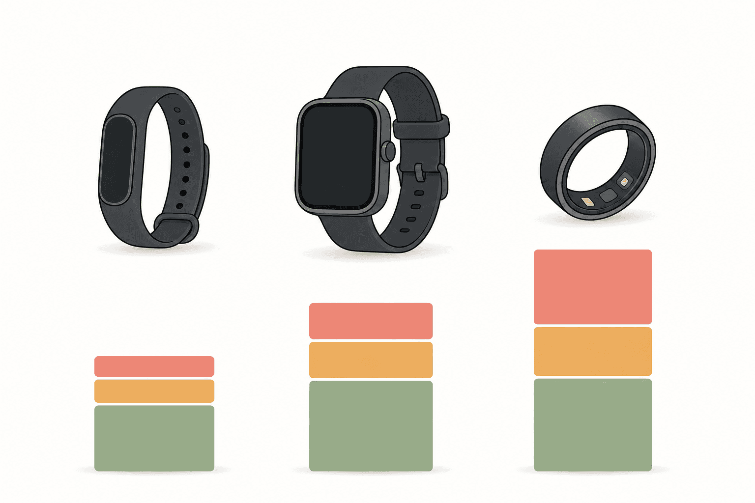 Illustration showing three fitness tracker silhouettes with stacked bar segments below each representing increasing annual subscription costs from left to right.