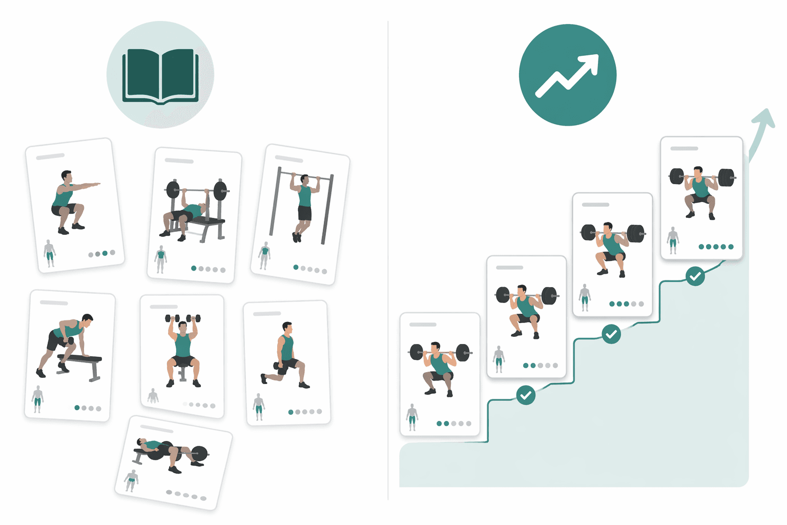 Side-by-side visual comparing disconnected workout cards with a connected progressive overload training sequence