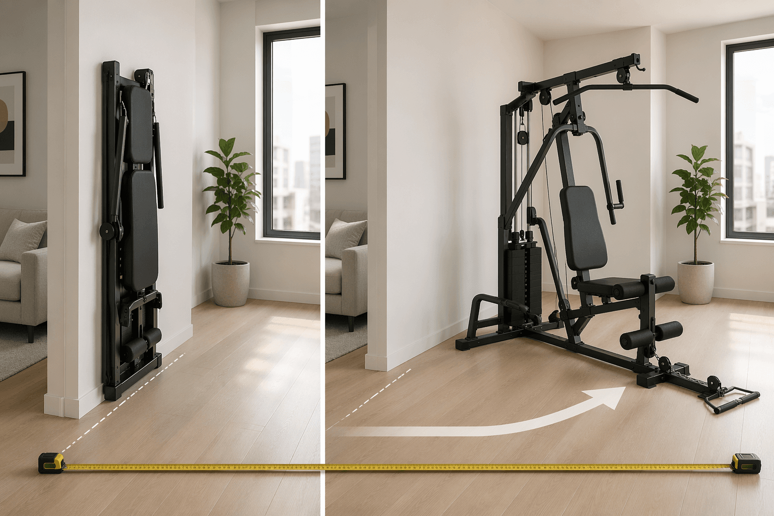 Split apartment scene showing a compact gym folded against a wall and unfolded with floor depth measured