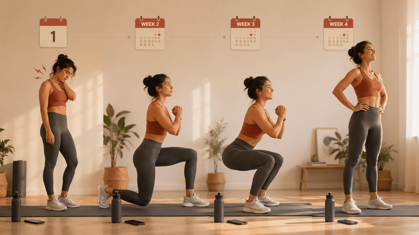 A beginner in workout clothes progresses across a home workout timeline from hesitant to confident on a yoga mat.