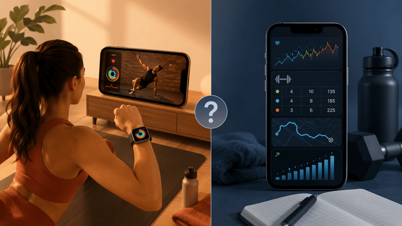 Split-screen comparison of guided Apple Watch workouts and data-driven fitness tracking on iPhone