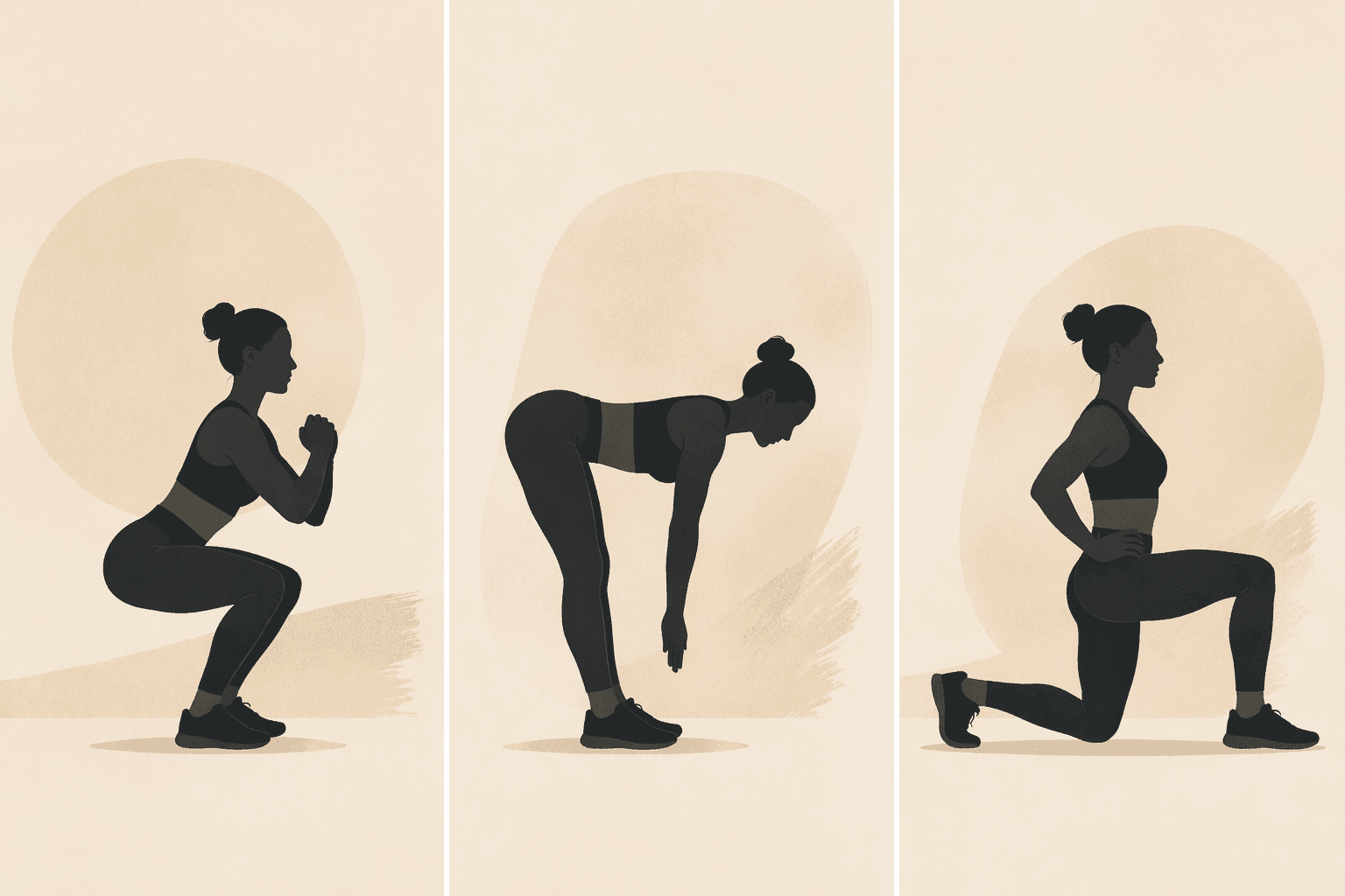 Minimalist illustration showing squat, hip hinge, and lunge movement patterns