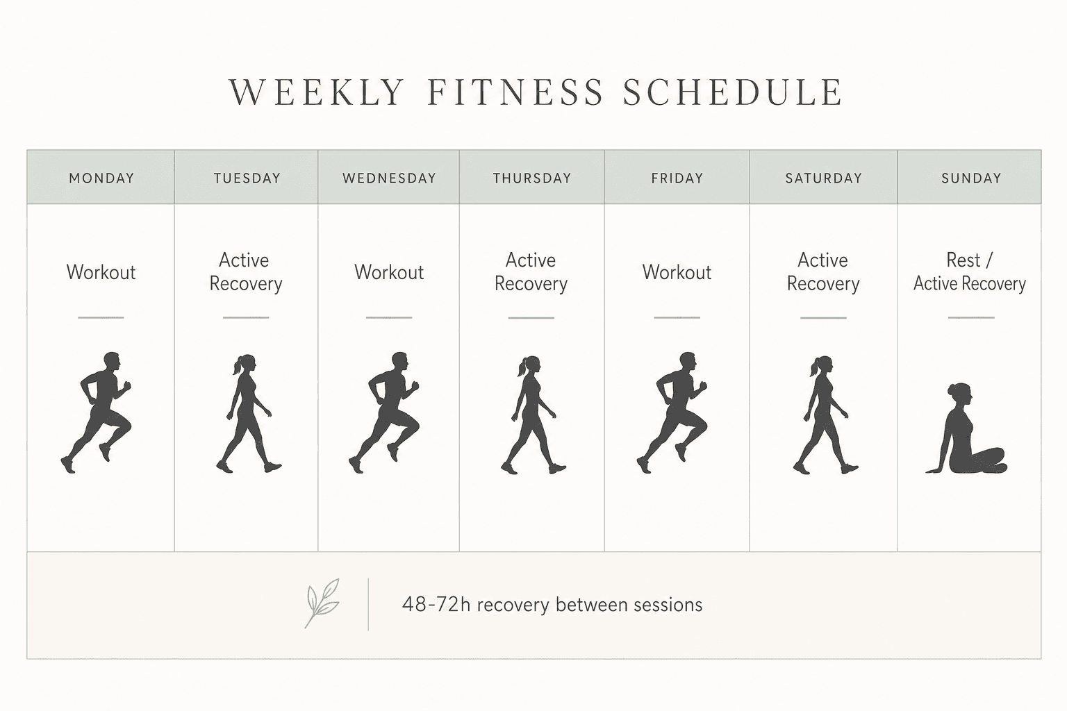 Minimalist weekly calendar showing alternating 'Workout' and 'Active Recovery' days with a note about 48-72 hours recovery.