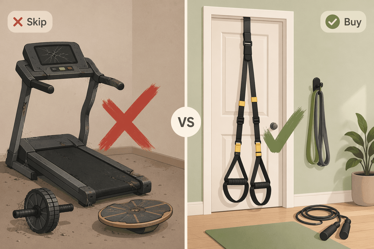 A split-comparison editorial illustration. Left side shows a cheap treadmill with a cracked display and bent handrail alongside an ab wheel and balance board, with a red X overlay. Right side shows a TRX suspension trainer hanging from a door anchor, resistance bands, and a jump rope, with a green checkmark overlay. Subtle 'Skip' and 'Buy' indicators separate the two sides.