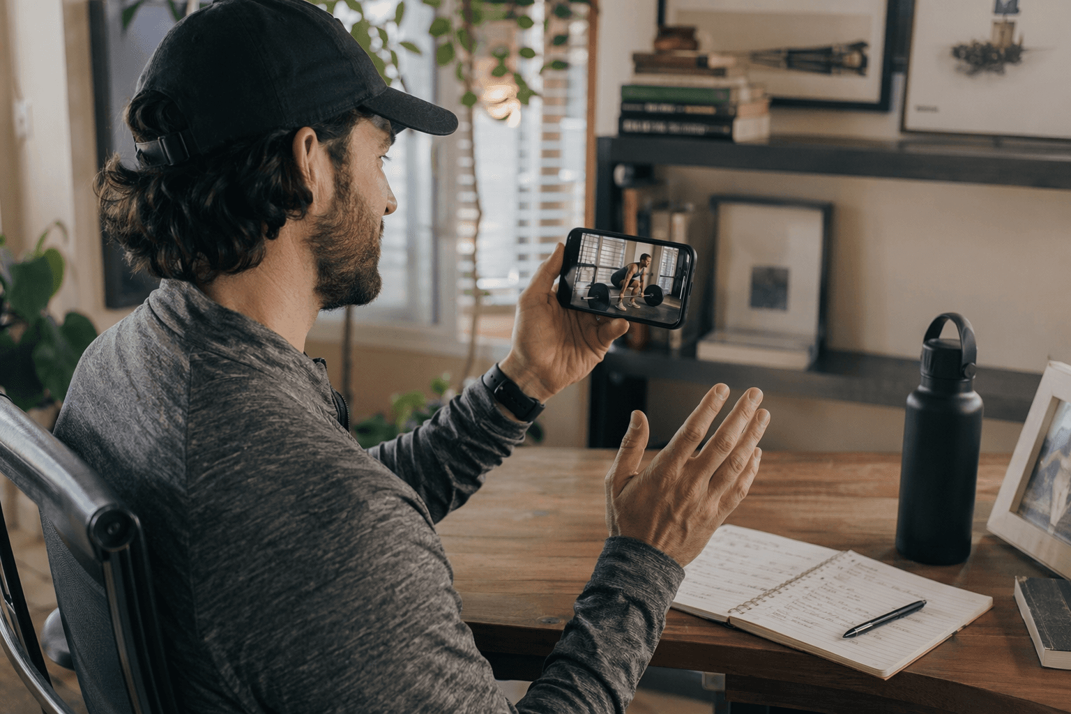 Remote strength coach reviewing a lifter's deadlift video on a smartphone