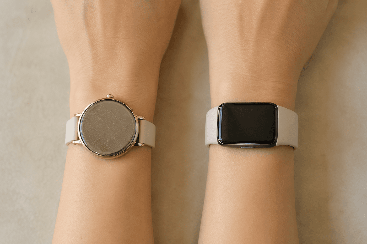 Side-by-side view of two wrists wearing different fitness trackers, showing how a small round smartwatch fits proportionally while a standard rectangular band overhangs the wrist edge.