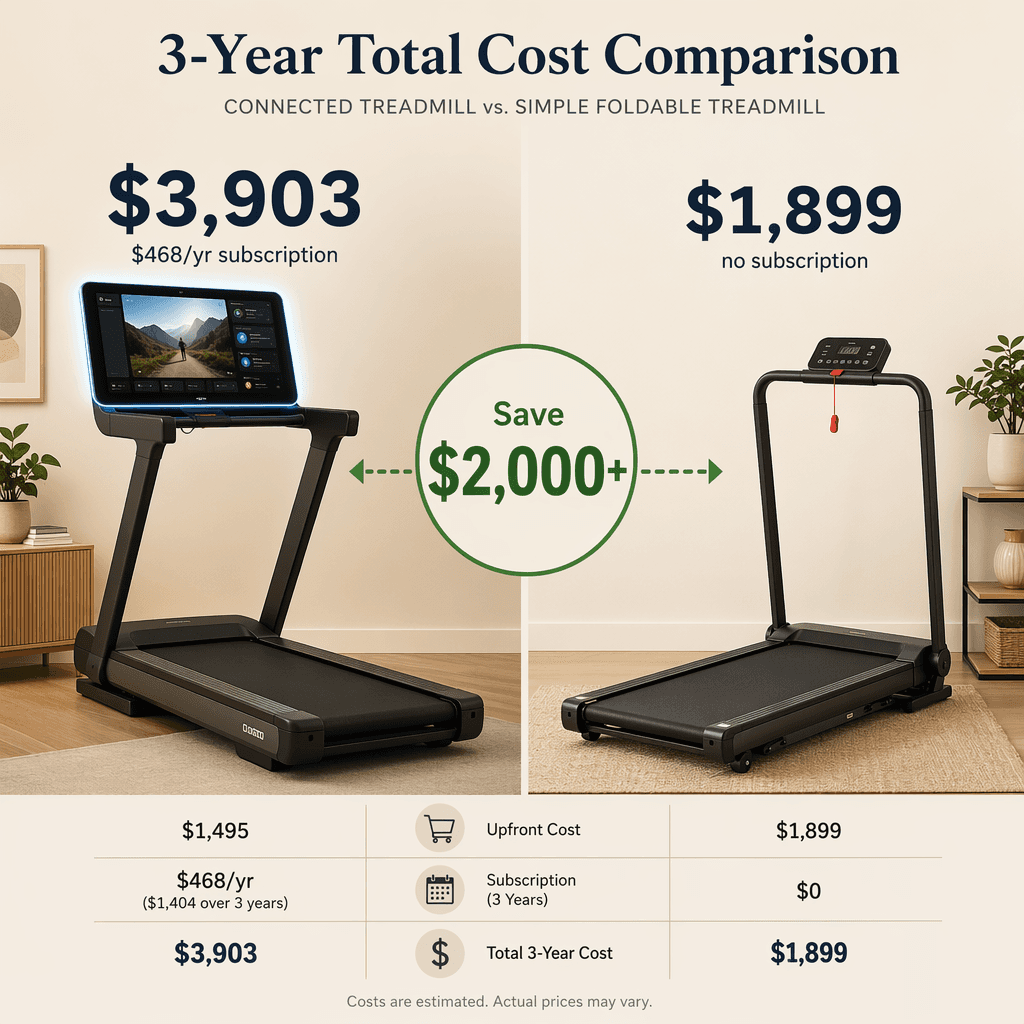 Editorial cost comparison visual: a connected treadmill on the left shows '$3,903' and '$468/yr subscription' text floating above it; a simpler treadmill on the right shows '$1,899' and 'no subscription' text; a green 'Save $2,000+' arrow connects them.