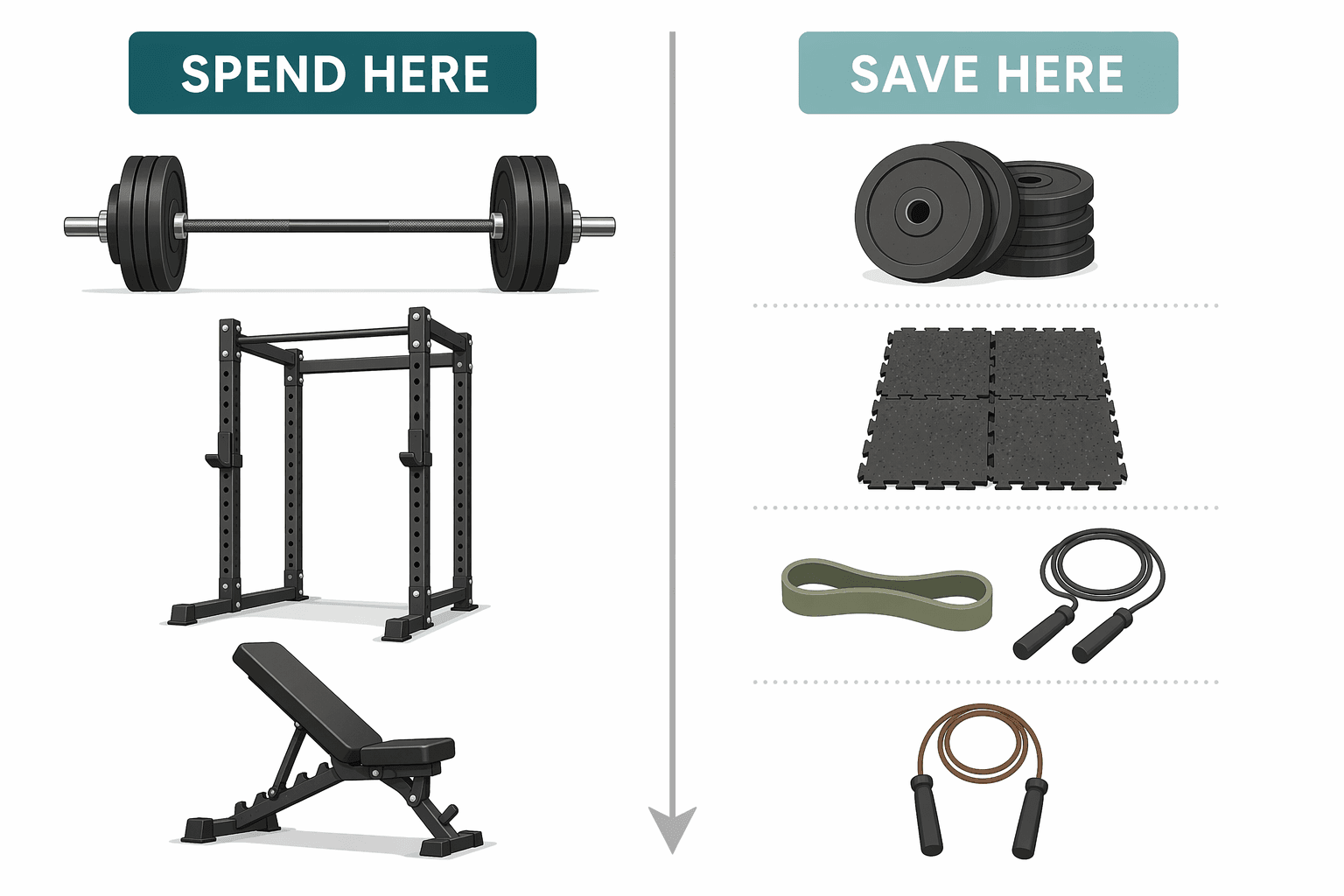 A split comparison visual with a central divider. Left side labeled 'SPEND HERE' shows icons of a barbell, squat rack, and bench with a premium, solid look. Right side labeled 'SAVE HERE' shows icons of weight plates, flooring tiles, a resistance band, and a jump rope with a simpler, budget-friendly look. Muted earth tones with teal accent on a clean white background. No people or brand logos.